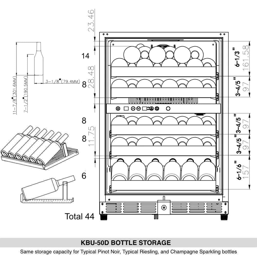 "Kingsbottle" 44 Bottles 24 Inch Under Counter Dual Zone Wine Cooler Drinks : KBU50DX-FG RHH