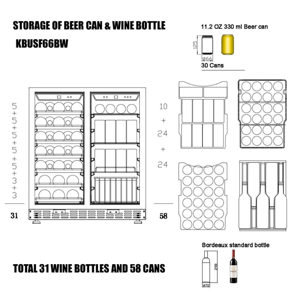 "Kingsbottle" 30" Under Counter Low-E Glass Door Wine and Beer Cooler Combo : KBUSF66BW-BP